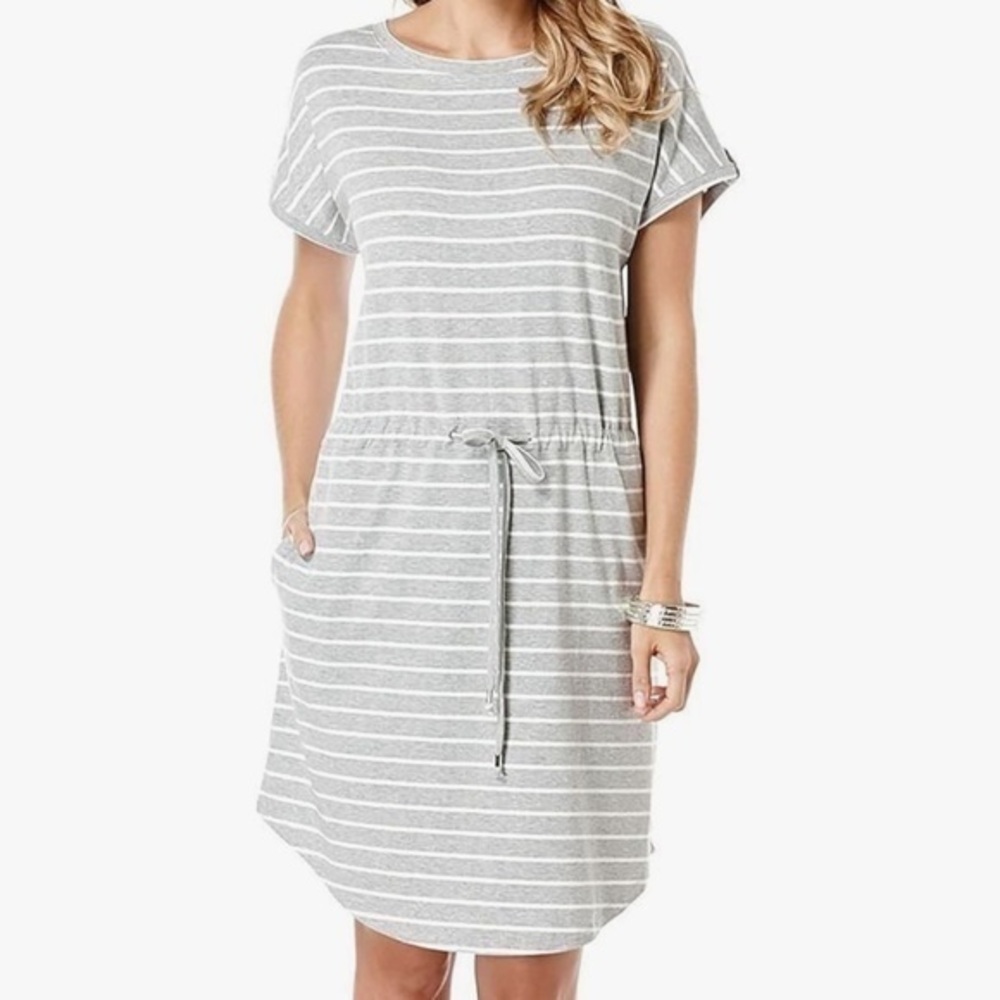 Rafaella Short Sleeve Drawstring Striped Above Knee Dress Heather Grey White XXL